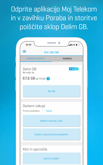 Odprite aplikacijo Moj Telekom in v zavihku Poraba in storitve poiščite sklop Delim GB.
