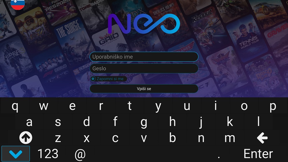 Za vnos uporabniškega imena ali gesla lahko uporabite daljinec NEO Smartboxa ali igralni plošček.
